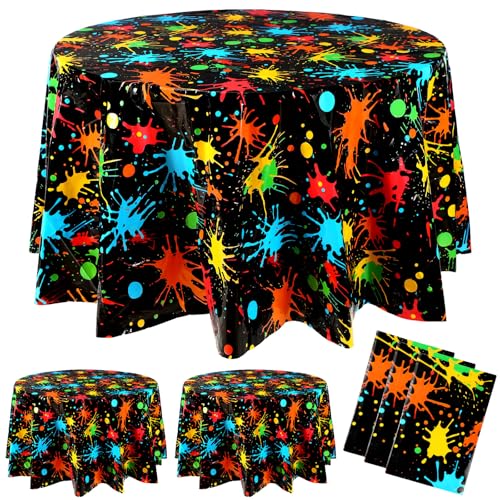Tioncy 3 Pack Neon Glow Party Tablecloths 84 x 84 Inch Round Disposable Plastic Table Covers Paint Splatter Birthday Party Table Cloth for Glow in The Dark Event Black Light Supplies