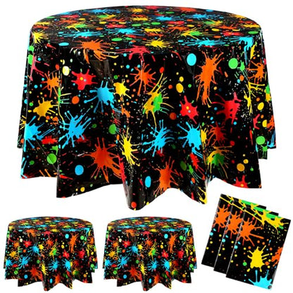 Tioncy 3 Pack Neon Glow Party Tablecloths 84 x 84 Inch Round Disposable Plastic Table Covers Paint Splatter Birthday Party Table Cloth for Glow in The Dark Event Black Light Supplies