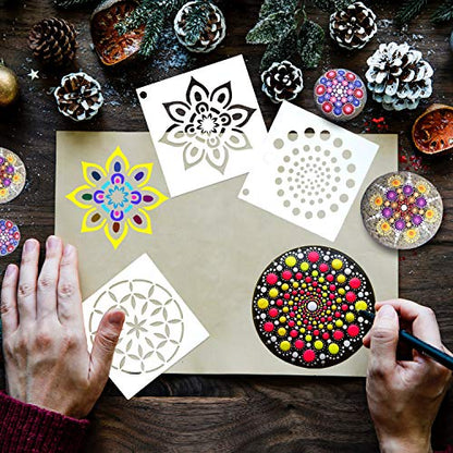 Augshy 56 Pack Mandala Stencils for Dot Painting on Wood Furniture | Mandala Painting Stencils, Wood Furniture Decoration, DIY Rock Art Projects, 3.6x3.6 Inch - style: Mandala