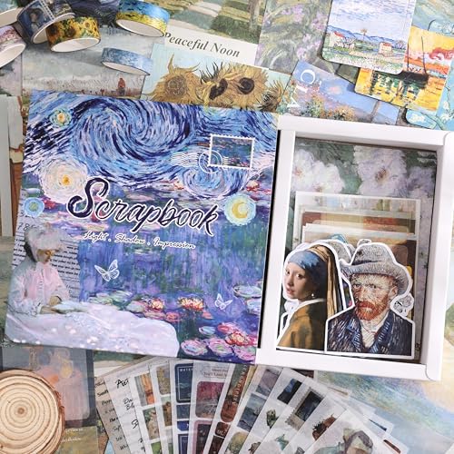 Scrapbooking Supplies Kit, Monet Van Gogh Oil Painting Theme Scrapbook Kit for Bullet Junk Journal, 12 Rolls Washi Tape, Stickers Papers for DIY Journaling Supplies, Craft Gift for Women Teenage - color: Oil painting