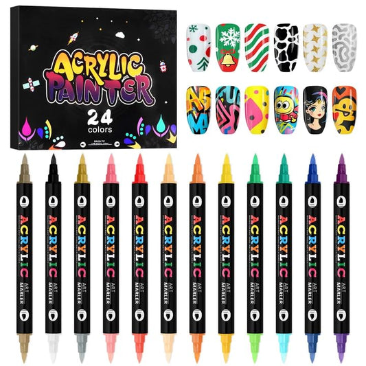 Kalolary 24 Color Nail Art Markers Set 3D Nail Art Pens Point Nail | Graffiti Dotting Pen Quick-Drying Waterproof Double Headed Acrylic Paint Pens Set for DIY Nails Art Design - color: 24 Color_B
