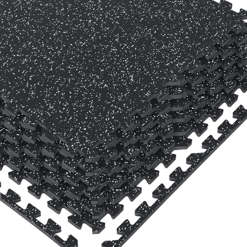 1/2" Thick 48 Sq Ft Rubber Top Gym Flooring, 12 Pcs High Density EVA Foam Exercise Equipment Mats - Interlocking Floor Tiles for Home Gym - 24 x 24in Tile, Black