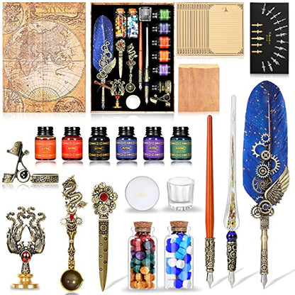 Quill Pen Ink Set, With Quill Pen, Wooden Dip Pen, Glass Dip Pen, 6 Bottles Ink, 16 Letter Paper, 2 Envelopes, 17 Nibs, Pen Holder,2 Bottles Fire Lacquer Wax, Stamp, Spoon, White Wax, Cup(Blue) - color: Blue