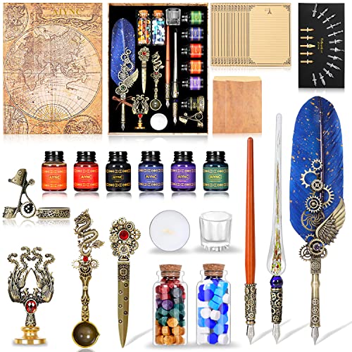 Quill Pen Ink Set, With Quill Pen, Wooden Dip Pen, Glass Dip Pen, 6 Bottles Ink, 16 Letter Paper, 2 Envelopes, 17 Nibs, Pen Holder,2 Bottles Fire Lacquer Wax, Stamp, Spoon, White Wax, Cup(Blue) - color: Blue