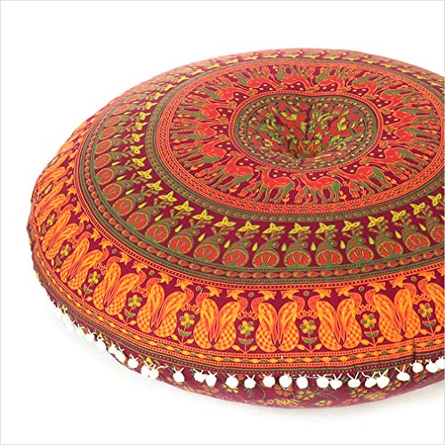Mandala Floor Pillow Cover Meditation Cushion Seating Throw Hippie Round Colorful Decorative Bohemian Indian Pouf Ottoman Handmade Cover ONLY (P1 Burgundy, 32" x 32") - color: P1 Burgundy, size: 32" x 32" (Pack of 1)