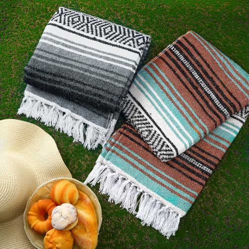 Preboun 4 Pcs Large Mexican Yoga Blanket Pack 45 x 70 Inch Thick Woven Camping Picnic Beach Car Travel Throw Blanket Outdoor Patio Mat Towel - color: Gray, Orange Green