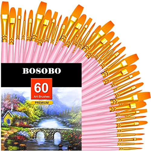 BOSOBO Paint Brushes Set, 6 Pack 60 Pcs Round Pointed Tip Paintbrushes Nylon Hair Artist Acrylic Paint Brushes for Acrylic Oil Watercolor, Face Nail Art, Miniature Detailing & Rock Painting, Pink - color: Pink, size: 6 Pack