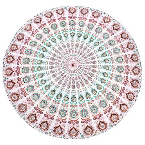 raajsee Mandala Round Beach Tapestry Hippie/Boho Beach Blanket Roundie/Indian Cotton Throw Bohemian Round Table Cloth/Yoga Mat Meditation Picnic Rugs 70 inch Circle (WHITE BROWN) - color: WHITE BROWN