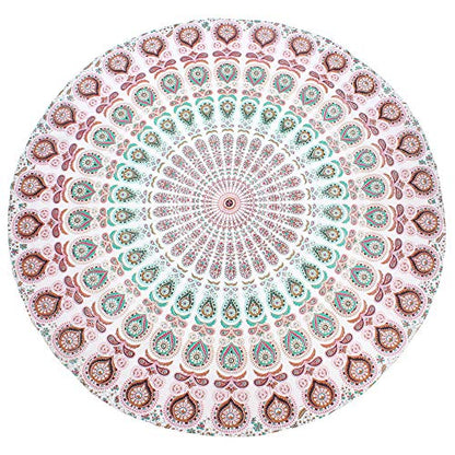 raajsee Mandala Round Beach Tapestry Hippie/Boho Beach Blanket Roundie/Indian Cotton Throw Bohemian Round Table Cloth/Yoga Mat Meditation Picnic Rugs 70 inch Circle (WHITE BROWN) - color: WHITE BROWN
