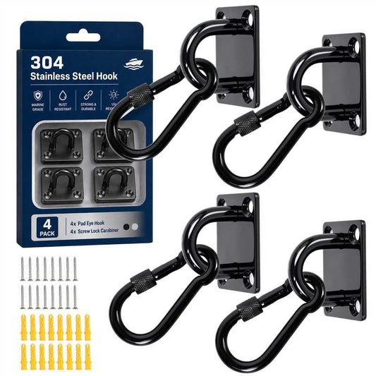 304 Stainless Steel Pad Eye Snap Hooks, 500LBS Heavy Duty Ceiling Hook, M5 | Black Hanging Kit with Locking Carabiner, Pad Plate Hooks for Hammock, Chair Swing, Plant,Sun Shade Sail, Marine Boat, Yoga - color: Black Square, size: M5
