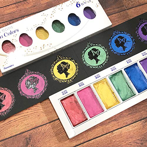 Kuretake Gansai Tambi GEM COLORS, 6 colors set, Made in Japan | 6 sparkling metallic colors, Watercolor Paint Set, large pans, Professional Use, Artist Grade - style: GEM COLOURS