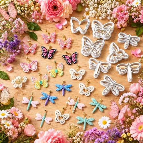 10PCS Butterfly Dragonfly Hummingbird Clay Cutters for Jewelry | Polymer Clay Cutters Set with Embossed Designs for Earrings, Pendants, Charms, Keychains and DIY Crafts - color: Butterfly & Dragonfly