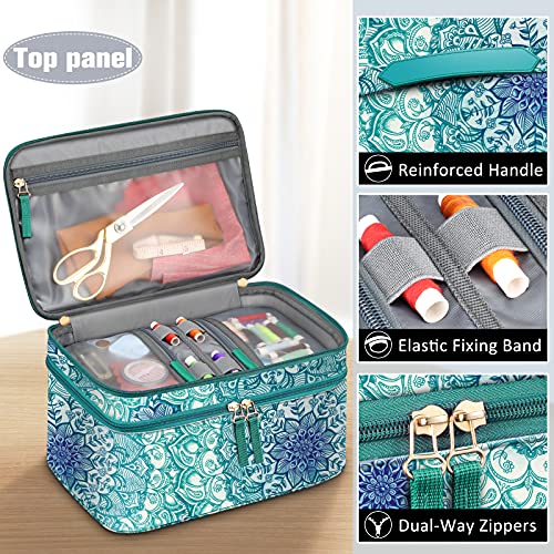 FINPAC Double-Layer Sewing Accessories Storage and Organizer Case Bag | Sewing Kits Carrying Bag with Wrist Pin Cushion for Threads, Needles, Embroidery Floss, Felting Kits, Emerald Illusions - color: Emerald Illusions