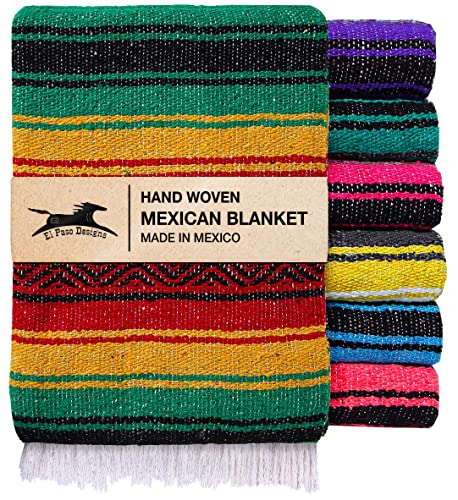 El Paso Designs Mexican Yoga Blanket – Colorful Falsa Serape Throw for Yoga, Beach, Picnic, Saddle, or Home Décor – Soft Woven Boho Blanket (Rasta) - color: Rasta
