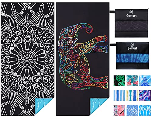 Microfiber Beach Towel Oversized 71x32, Thin, Black with Bag 2 Pack | Lightweight Sand Free Absorbent Quick Dry Compact Extra Large for Adult Travel Camping Pool Swim Bath Cruise Essentials Gift - color: 2 Pack Black Mandala Elephant