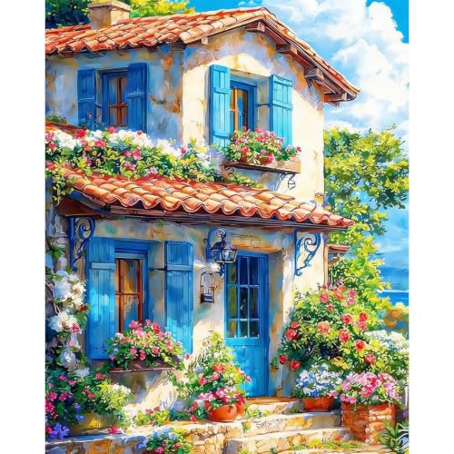 Paint by Numbers for Adults House - Seaside Paint by Number on Canvas | DIY Scenery Oil Painting for Gift Home Wall Decor, Without Frame (16x20 inch) - color: MT23038
