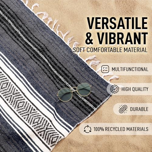 Hydration Nation Authentic Extra Large Mexican Blanket (70"x50") - Handwoven Yoga, Serape - Artisanal Falsa, Beach, Camping, Picnic, Outdoor (Blue Haze) - color: Blue Haze