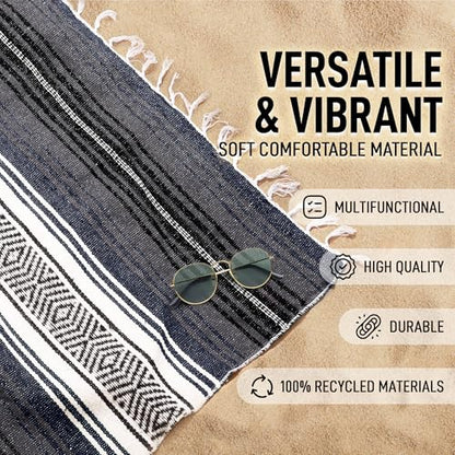 Hydration Nation Authentic Extra Large Mexican Blanket (70"x50") - Handwoven Yoga, Serape - Artisanal Falsa, Beach, Camping, Picnic, Outdoor (Blue Haze) - color: Blue Haze