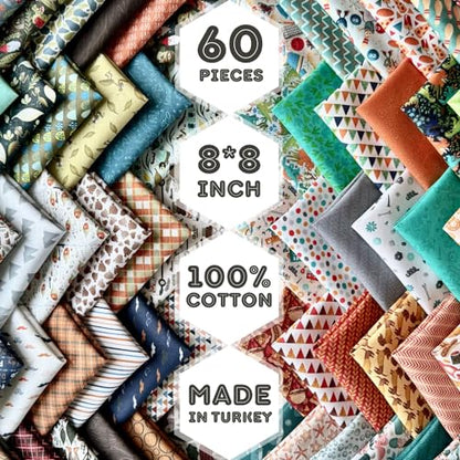Mixed Pattern Cotton Fabric Bundle – 60 Pre-Cut Squares (8×8 inch), 100% Cotton 140 GSM, Eco Digital Print, Made in Turkey - color: Boys Fun Pack, size: 60pcs 8x8 inch