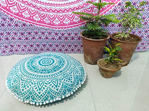 INDIAN CRAFT CASTLE 24" Green Ombre Mandala Barmeri Large Floor Pillow Cover Cushion Meditation Seating Ottoman Throw Cover Hippie Decorative Zipped Bohemian Pouf Ottoman Pom Pom Cases 24" Round - color: Light Green, style: 24 Inch Round