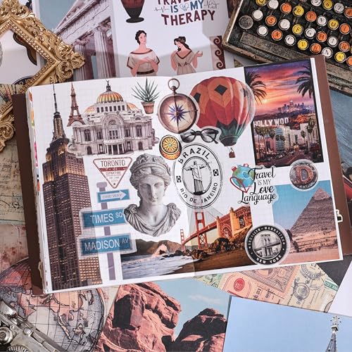 57 Sheets Vintage Travel Scrapbook Sticker Book, 500+ Vintage & Modern Stickers for Scrapbooking, 25 Pcs Ephemera Papers Art Scrapbook Supplies for Adults Teens Women Girls Junk Journal Journaling - style: Travel Style