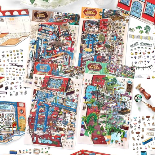 4PCS Foldable 3D Sticker Scene Book for Adults & Teens, DIY Isometric House Scenes, Large Build-Your-Own Room Sticker Set, Relaxing Sticker Therapy Art Kit - style: Rome Hotel