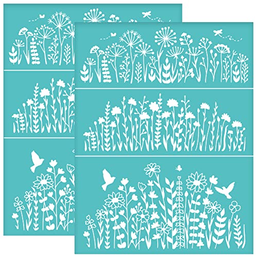 OLYCRAFT 2pcs 8.6x11 Inch Wildflower Silk Screen Printing Stencils Self-Adhesive Silk Screen Stencils Butterfly Bird Screen Stencils Reusable Mesh Transfers for Painting on Wood T-shirts Bags - color: Flowering Shrubs