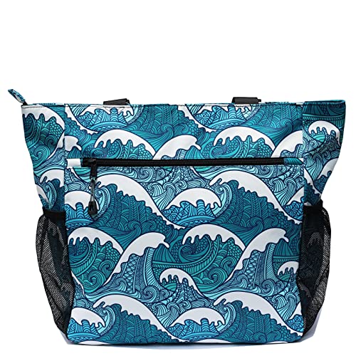 ESVAN Original Floral Tote Bag Large Shoulder Bag with Multi Pockets for Gym Travel Beach Daily Bags - color: A Wave