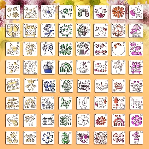 64 pcs Small Stencils for Crafts, Reusable 3 Inch Stencils, Including Flower Plant & Butterfly Patterns, DIY Craft Paint Great Templates for Painting on Wood, Fabric, Wall, Rock & Home Decor