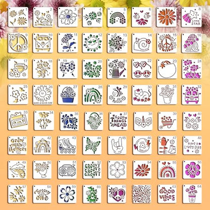 64 pcs Small Stencils for Crafts, Reusable 3 Inch Stencils, Including Flower Plant & Butterfly Patterns, DIY Craft Paint Great Templates for Painting on Wood, Fabric, Wall, Rock & Home Decor