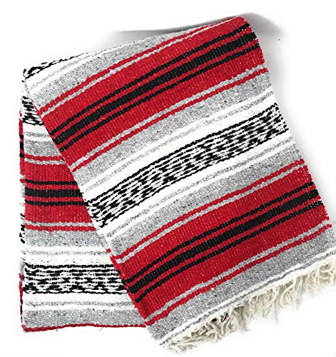 Mexican Falsa Blanket Authentic 52" X 72" Pick Your Own Color (Light Grey/Red/Black) - color: Light Grey/Red/Black