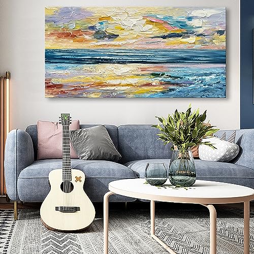 Art Hand Painted Ocean Landscape Oil Painting Sea Sunset Landscape Modern Abstract Art Home Wall Decoration 24x48 Inches - color: Yi031