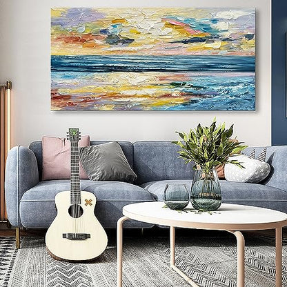 Art Hand Painted Ocean Landscape Oil Painting Sea Sunset Landscape Modern Abstract Art Home Wall Decoration 24x48 Inches - color: Yi031