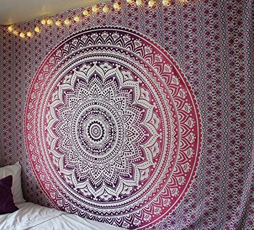 raajsee Large Pink Ombre Mandala Tapestry Wall Hanging,Indian Cotton Beach Throw Blanket Hippie Bohemian Elephant Queen Boho Décor,Meditation Yoga Mat Rugs 82x92 Inches - color: Pink Ombre, size: 92"L x 82"W