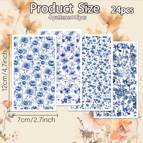 OLYCRAFT 24Pcs 4 Styles Blue Flower Clay Transfer Paper for Polymer | Blue Porcelain Flowers Polymer Clay Transfer Sheets, Floral Small Transfer Paper Decal for Clay Earrings Jewelry Making - style: Porcelain Flower