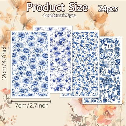 OLYCRAFT 24Pcs 4 Styles Blue Flower Clay Transfer Paper for Polymer | Blue Porcelain Flowers Polymer Clay Transfer Sheets, Floral Small Transfer Paper Decal for Clay Earrings Jewelry Making - style: Porcelain Flower