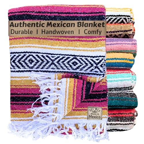 Del Mex Classic Mexican Blanket, Large Authentic Woven Falsa Throw (70"x50"), Artisan Southwest Décor for Beach, Yoga, Outdoors (Gold/Fuchsia) - color: Gold/Fuchsia