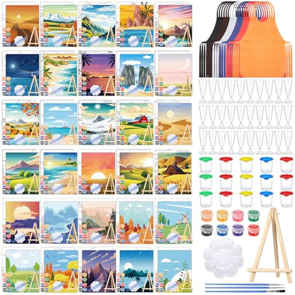 Sherr 285 Pcs 30 Sets Sip and Paint Kit for Adults,Scenery | Pre Drawn Canvas to Paint for Adults, Acrylic Paints, Brushes, Easels, Date Night, Birthday Party Gifts - style: Scenery