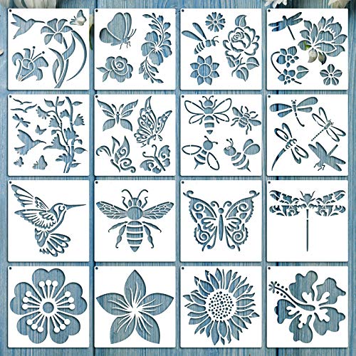 Zonon 16 Pcs Stencils for Painting, DIY Craft Templates, 5.1 x 5.1 Inch | Summer Reusable Painting Stencils for Wall Wood Canvas Crafts, Flower Butterfly Hummingbird Designs, Metal Open Rings - size: 5.1 x 5.1 Inch