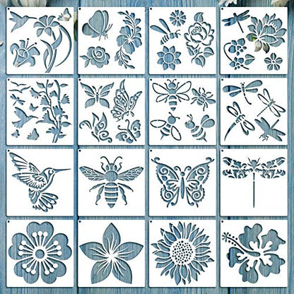 Zonon 16 Pcs Stencils for Painting, DIY Craft Templates, 6.3 X 6.3 Inch | Summer Reusable Painting Stencils for Wall Wood Canvas Crafts, Flower Butterfly Hummingbird Designs, Metal Open Rings - size: 6.3 x 6.3 Inch