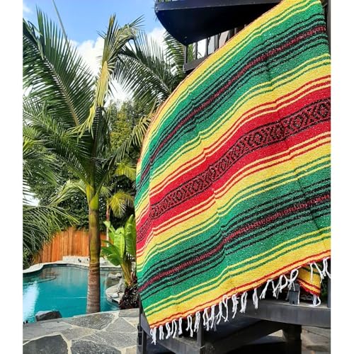 Open Road Goods Handmade Rasta or Hippie Blanket - Traditional Mexican Falsa Blanket in Rasta Colors