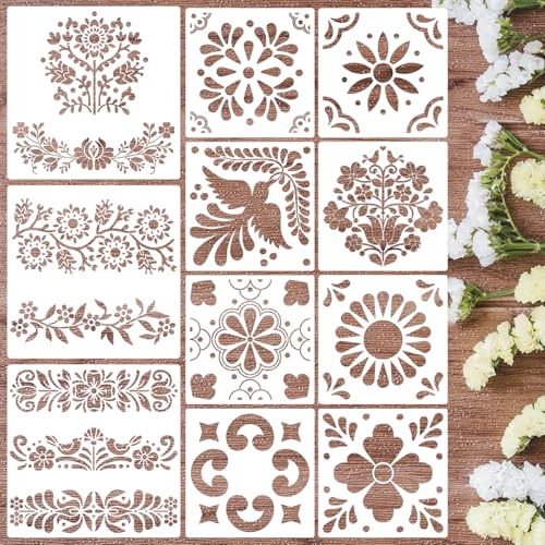 Mexican Stencils for Painting Talavera Stencil | Reusable Folk Art Stencils for Painting on Vases Wall Floors Furniture Cielito Lindo Decor - style: Talavera