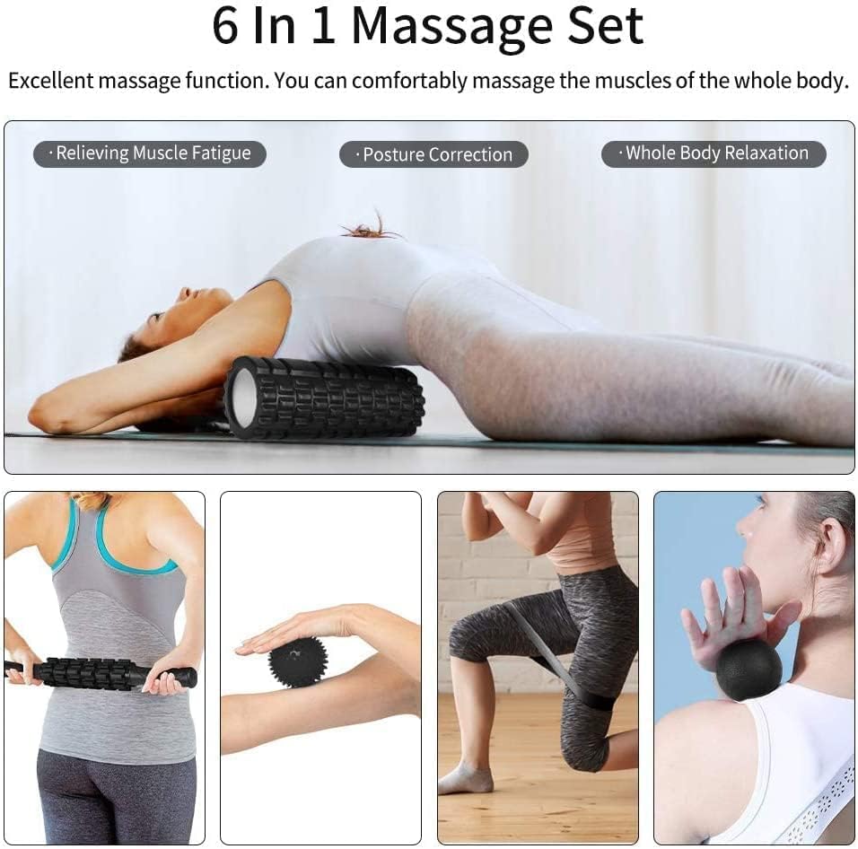 6 in1 Foam Roller Set, Trigger Point Foam Roller, Yoga Stick, Massage Ball, Fixation Ball, Fitness Stretching Strap, Carrying Bag, Towel for Deep Muscle Massage Pilates Yoga - color: Black