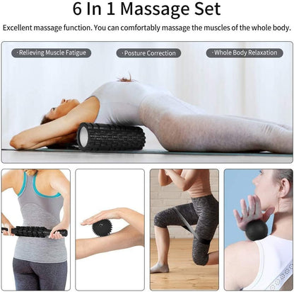 6 in1 Foam Roller Set, Trigger Point Foam Roller, Yoga Stick, Massage Ball, Fixation Ball, Fitness Stretching Strap, Carrying Bag, Towel for Deep Muscle Massage Pilates Yoga - color: Black
