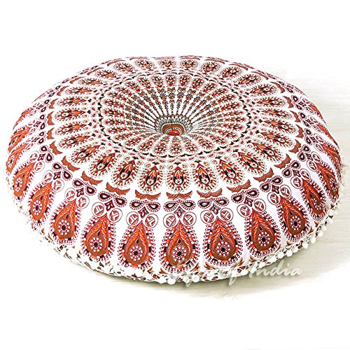 Mandala Floor Pillow Cover Meditation Cushion Seating Throw Hippie Round Colorful Decorative Bohemian Indian Pouf Ottoman Handmade Cover ONLY (N1 Orange, 32" x 32") - color: N1 Orange, size: 32" x 32" (Pack of 1)