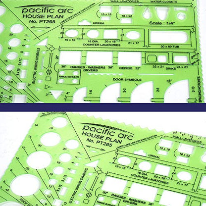 Pacific Arc House Plans Templates Guide, with Stairs, Doors, Plumbing, Kitchen Appliances, and Roof Pitch Gauge, Scale of 1/4 Inch to 1 Foot - style: House Plan