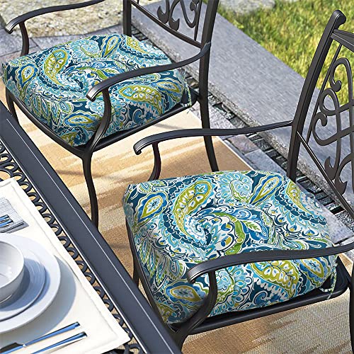 Magpie Fabrics Outdoor/Indoor Tufted Seat Cushion with Ties Set of 2, 19"x19" Waterproof Patio Chair Pads Tatami Floor Pillow for Garden Balcony Office Decor(Paisley Lapis Green) - color: Paisley Lapis Green