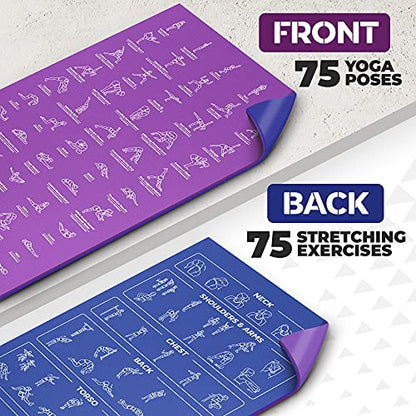 Instructional Yoga Mat with Carrying Strap: Cute Yoga Mat with 75 Illustrated Yoga Poses + 75 Easily-Followed Stretching Exercises - 1/4” Thick, Non-Toxic, Non-Slip Yoga Mats for Women and Men - color: Blue/Purple (72" x 32")