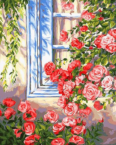 ZRIZQ Paint by Numbers Kit for Adults Beginner,Flowers Window,16x20 | Full set with wooden brushes,rolled canvas,rich paints.Calming activity.Beginner friendly.Just open and paint. - color: 16"X20"Rolled Canvas(Frameless)-Flowers 14