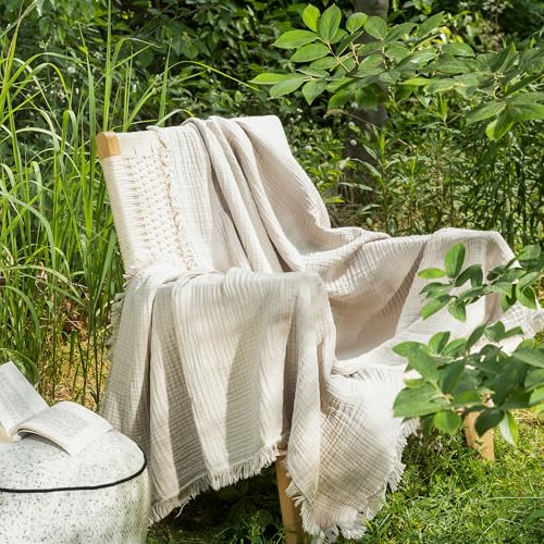 MooMee 100% Cotton Muslin Blanket, Fringed 4-Layer Gauze Bed Couch Throw - color: Cream Grey, size: Throw